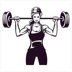 Girl bodybuilder lifts a barbell with a big weight, sports training in the gym, cartoon vector
