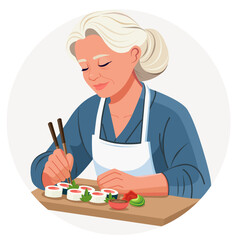 An elderly woman in work clothes takes a meal during her lunch break. Woman master tasting ready sushi rolls lying on a wooden cutting board. Vector. Cartoon. Flat, simple style. Close-up. 