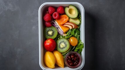 healthy take away food and drinks in disposable eco friendly paper containers on gray background top view fresh, salad ,vegetable, fruit