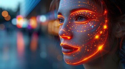 A futuristic scene of a person using facial recognition technology to unlock their smartphone, sho - obrazy, fototapety, plakaty