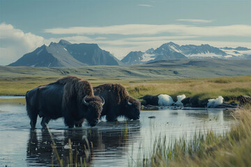 ild buffalo drinking in a river in the savanna