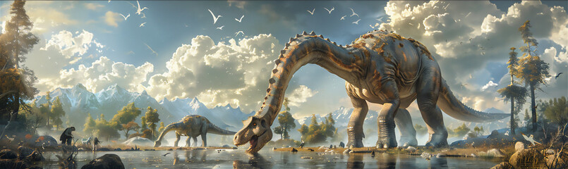 long neck dinosaur drinking in a lake - obrazy, fototapety, plakaty