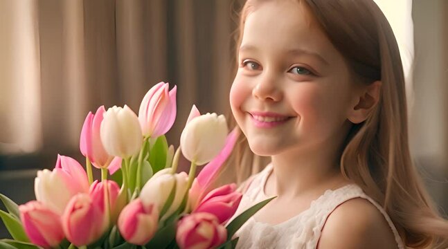 A charming young girl joyfully holds a bouquet of vibrant tulips in a cozy home setting, embodying the spirit of Children’s Day and the warmth of familial love