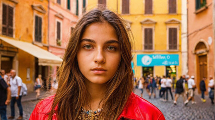 Fototapeta premium Young Woman with Windblown Hair in Urban Day Lights