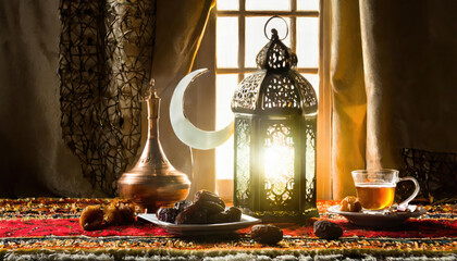 Traditional Ramadan and Eid lantern lamp with crescent moon, dates and fruits in a bowl on carpet, Generated AI
