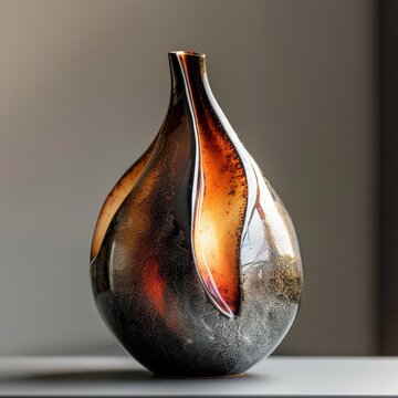 "Vase d&eacute;coratif au design unique : forme bulbeuse, motifs flamboyants en noir, orange et gris, ambiance artistique."
