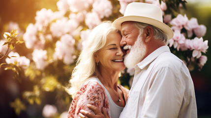 Fototapeta premium Happy senior couple smiling hugging each other while walking in the summer city park, enjoying their retirement.