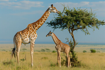 Obraz premium An elephant and her calf are eating leaves from a tree in the savanna