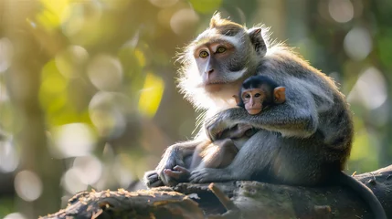 Foto op Canvas A mother monkey is carrying her child on a wooden branch © Syukra