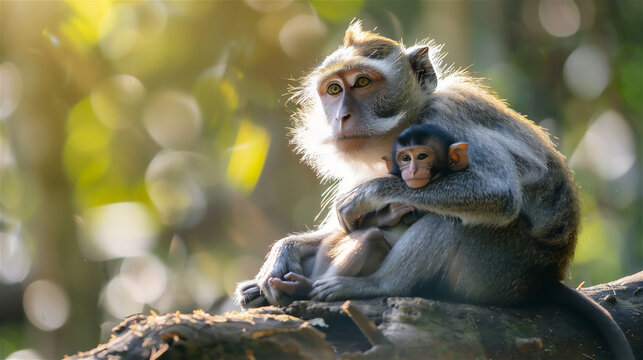A mother monkey is carrying her child on a wooden branch
