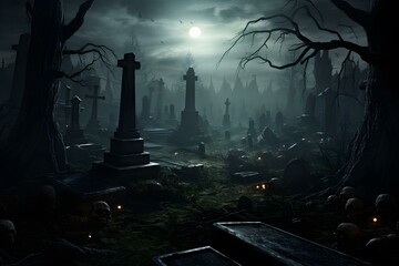 Haunting graveyard amidst eerie forest on Halloween night evokes chills. Concept Halloween, Graveyard, Eerie Forest, Haunting Atmosphere, Chills - obrazy, fototapety, plakaty