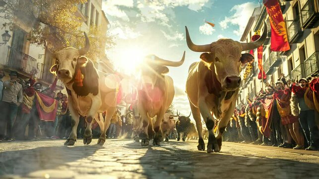 a herd of bulls getting ready to take part in a traditional event in Spain. seamless looping time-lapse virtual 4k video Animation Background.