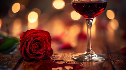 red rose next to a glass with red wine