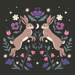 Symmetrical composition of two hares and flowers on a dark background. Vector graphics