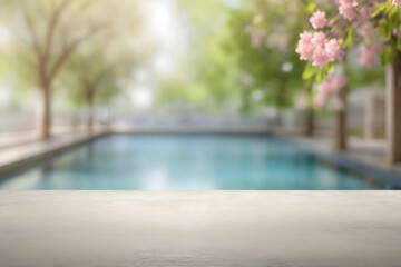 Empty clean concrete floor with blurred bokeh in spring summer background.