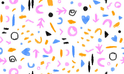 Colorful Abstract Doodle Print. Simple Seamless Vector Pattern Made of Hand Drawn Abstract Elements isolated on a White Background. Trendy Childish Drawing-like Endless Doodle Design. RGB Colors. 