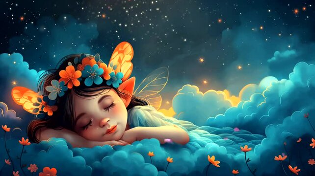 Cute fairy girl with butterfly sleeping on clouds. Seamless looping time-lapse 4k video animation background