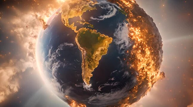 An illustrative depiction of planet Earth engulfed in flames, symbolizing the dire consequences of climate change, global warming, and environmental disasters