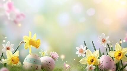 easter pastel background with colourfull eggs and daffodills