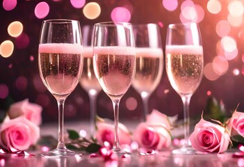 Pink rose champagne glasses close up, bokeh lights background. New year, Valentines day celebration toast festive rose gold blur pink champagne sparkle glitter web banner. AI generated