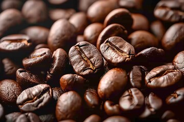 Naklejka premium Close up of coffee beans as textured background detailed view capturing essence of freshly roasted beans perfect for espresso and gourmet beverages embodying rich aroma and energy of morning