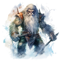 Sasquatch The Witcher: With sword and magic sigils, watercolour style on white background 