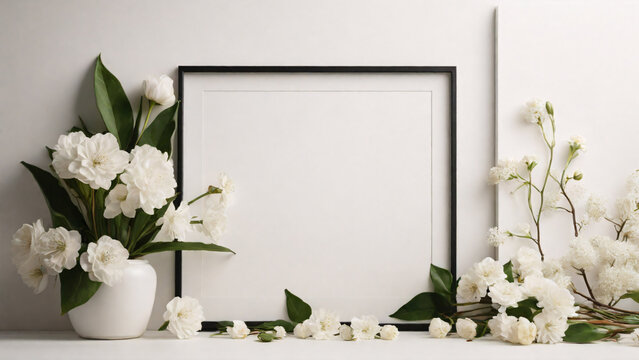 Frame mockup with white flowers in a vase on a white background