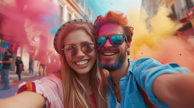 Happy Couple Celebrating Holi With Open Hearts and Painted Faces