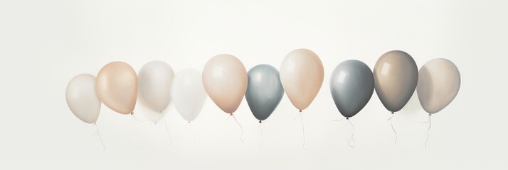 In the serene backdrop of a white canvas, colorful balloons drift together, creating a whimsical and joyful atmosphere in the customizable background image.