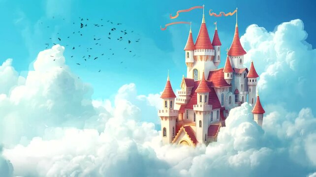 Fairy tale castle in the clouds with shooting stars. Seamless looping time-lapse 4k video animation background