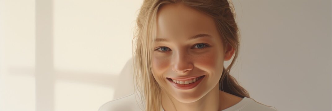 In a sunlit background image, a girl radiates with a bright smile, offering ample room for customization to suit individual preferences or requirements.