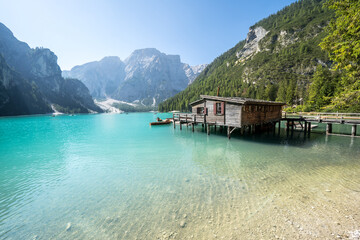 Turquoise lake Braies in the heart of the Dolomites, Italy
