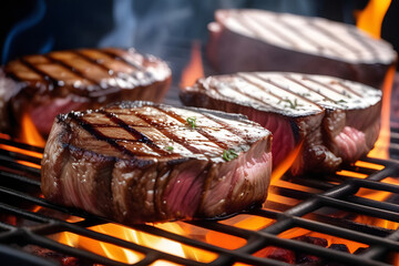 Steaks Cooking on Grill With Flames