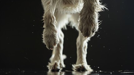 Closeup of a dog's paw in a jump on a black background. Animal in motion. - obrazy, fototapety, plakaty