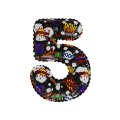3D Helium Balloon Number 5 with Action Comic Cartoon words Texture