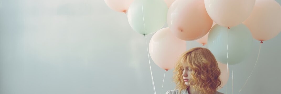 In the wide background image, a model girl stands holding balloons with her eyes closed, evoking a serene and dreamy atmosphere.