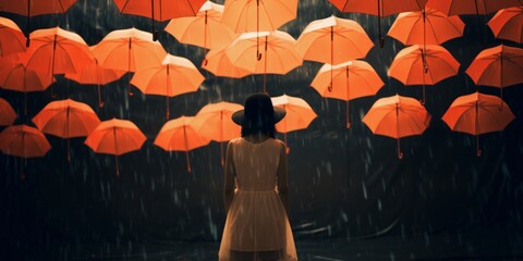From behind, a girl wearing a hat stands in the rain as numerous red and orange umbrellas fill the air around her.