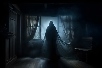 Mysterious figure haunts a dimlylit room through a spooky Halloween window. Concept Halloween, Mysterious Figure, Dimly Lit Room, Spooky Window