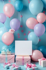 Birthday scene with blank card pastel balloons and minimal gifts