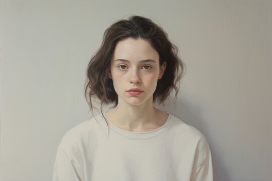 The portrait captures a girl with an oil painting-like resemblance, her expression neutral yet imbued with a captivating depth.