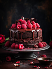 Cake "Prague" with raspberries on a dark background
