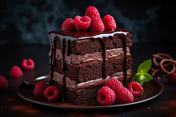 Cake "Prague" with raspberries on a dark background