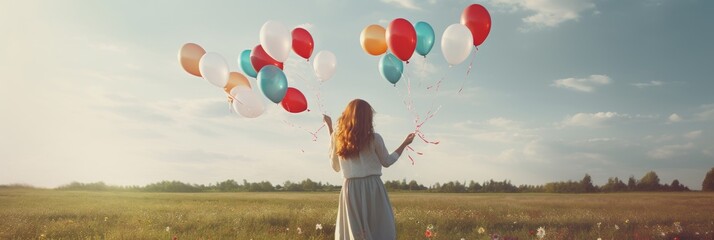 The wide background image features a picturesque wallpaper of a vast open field, where a girl strolls with colorful balloons, beneath the limitless sky, creating a scene of boundless freedom.