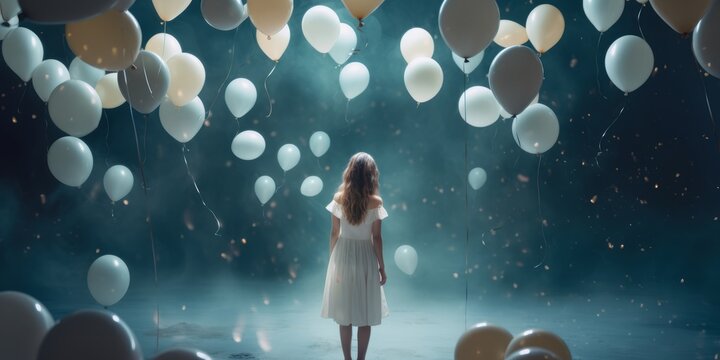 In a surreal and dreamlike scene, a girl is seen from behind, with a trail of white balloons drifting away, evoking a sense of enchantment against a backdrop of ethereal beauty.