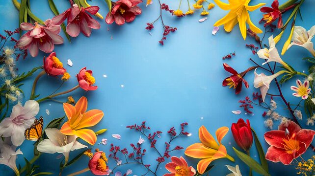 Flowers background frame with butterfly and fireflies. Seamless looping time-lapse 4k video animation background