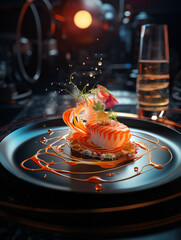 Culinary masterpiece, futuristic fish, on a dark background