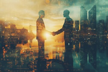 Double exposure shot of two businessmen shaking hands. Image of businessmen and city buildings in the afternoon in double exposure. Partnership, success, agreement. Created with Generative AI. - obrazy, fototapety, plakaty