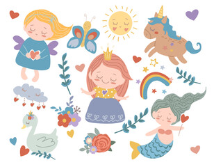 Stickers kids. Vintage, boho.Cute girl, princess, fairy, mermaid, unicorn, rainbow, swan, flowers collection, set. Vector illustration isolated on white background. Pattern. Funny, cartoon stickers 