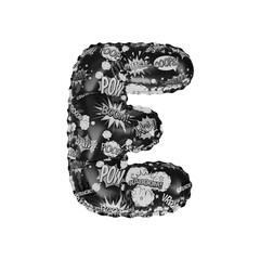 3D Helium Balloon Letter E with Action Comic Cartoon words Black & White Texture