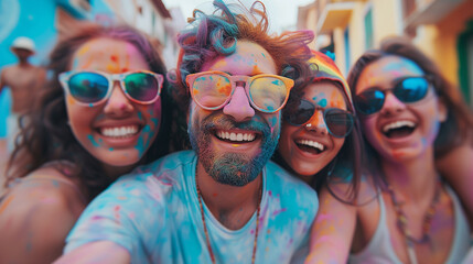Selfie of Young Friends Celebrate Holi with Joyful Colors